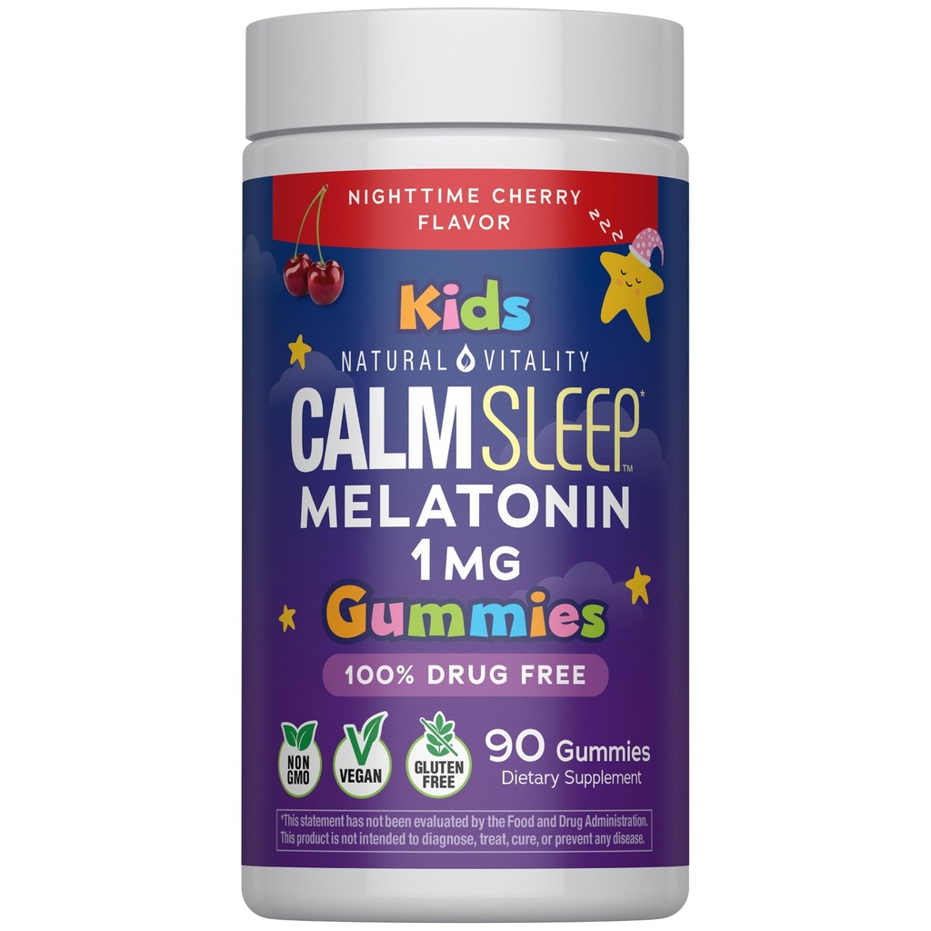 Natural Vitality Kids Calm Sleep Melatonin 1mg Gummies | Nighttime Cherry Flavor | 100% Drug Free | Non-GMO, Vegan & Gluten Free Supplement | 90 Count