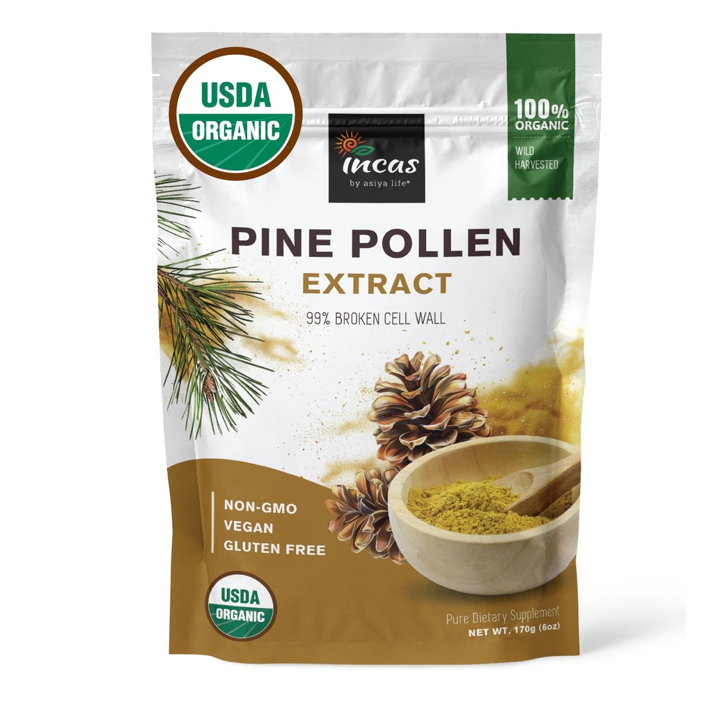 INCAS 100% USDA Organic Pine Pollen Powder (6 ουγγιά) Μη ΓΤΟ Επαληθευμένο 99% Cracked Cell Wall, Wild HARVESTED, μη-ακτινοβολημένο, Ενισχύει την ενέργεια & ανοσοποιητική υποστήριξη, χωρίς πληρωτικά ή πρόσθετα