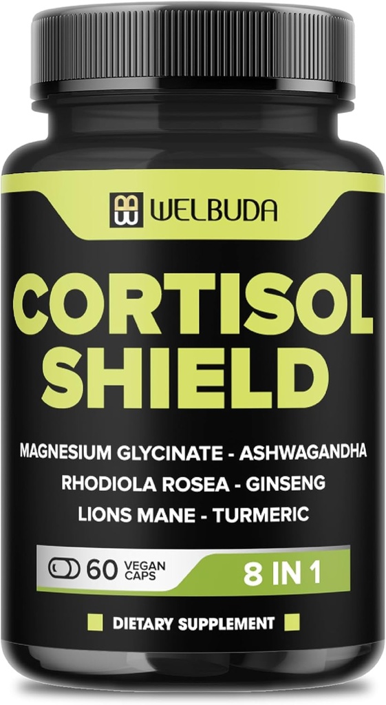 8in1 Cortisol Shield - Ashwagandha και Μαγνήσιο, Rhodiola Rosea, Lions Mane, Gingsen, και 3 ακόμη - Χαλαρώστε & ξεκούραστη νυχτερινή υποστήριξη & ισορροπία διάθεσης - 60 κόμης