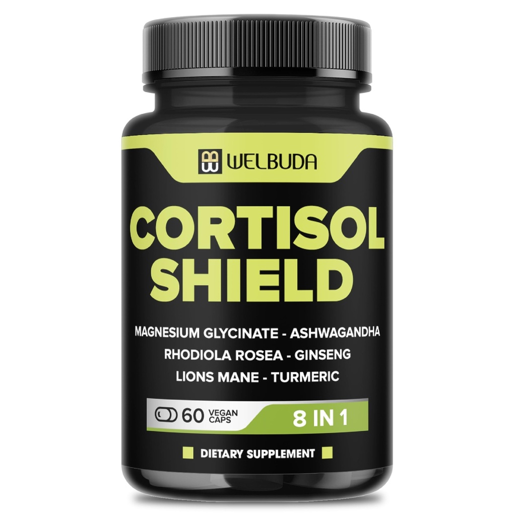 8in1 Cortisol Shield - Ashwagandha και Μαγνήσιο, Rhodiola Rosea, Lions Mane, Gingsen, και 3 ακόμη - Χαλαρώστε & ξεκούραστη νυχτερινή υποστήριξη & ισορροπία διάθεσης - 60 κόμης