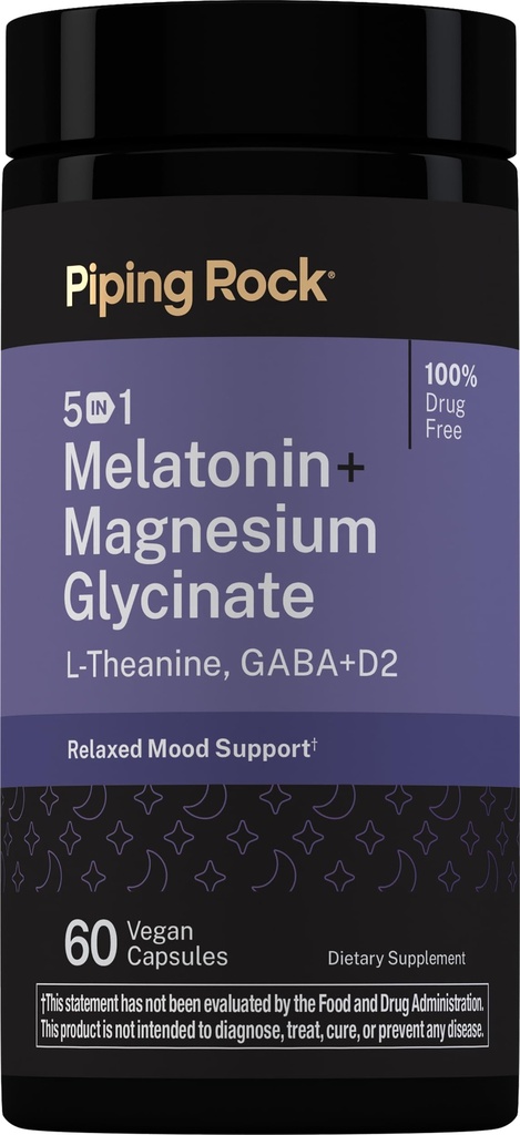 Piping Rock Melatonin with Magnesium | 60 Capsules | Relaxed Mood Support | Complex with L-Theanine, GABA, & D2 | Non-GMO, Gluten Free