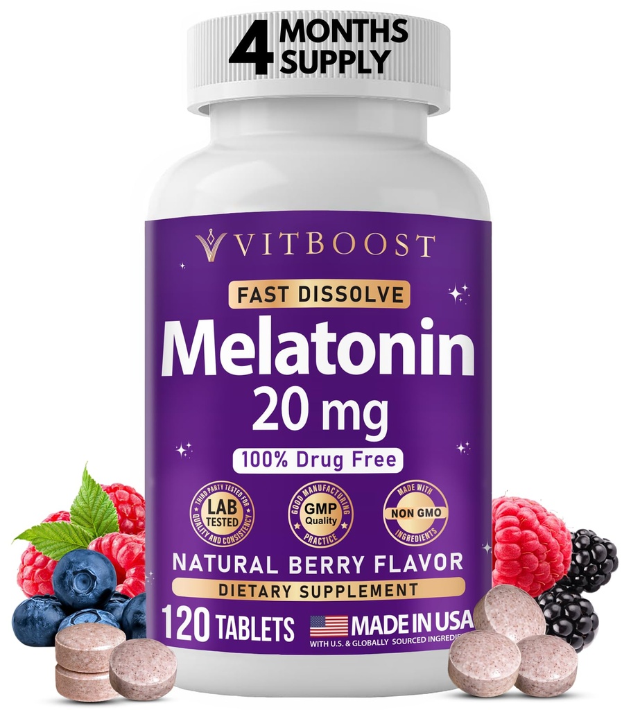 VITBOOST Melatonin 20mg Fast Dissolve Sleep Aid Tablets for Adults - Melatonin Extra Strength, Natural Berry Flavor, 3rd Party Tested, Drug-Free, Non-GMO, Made in USA - 120 Count (4-Month Supply)