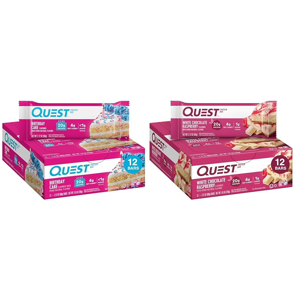 Quest Birthday Cake & White Chocolate Raspberry Protein Bars, High Protein, Gluten Free, Keto, 12 Count Each