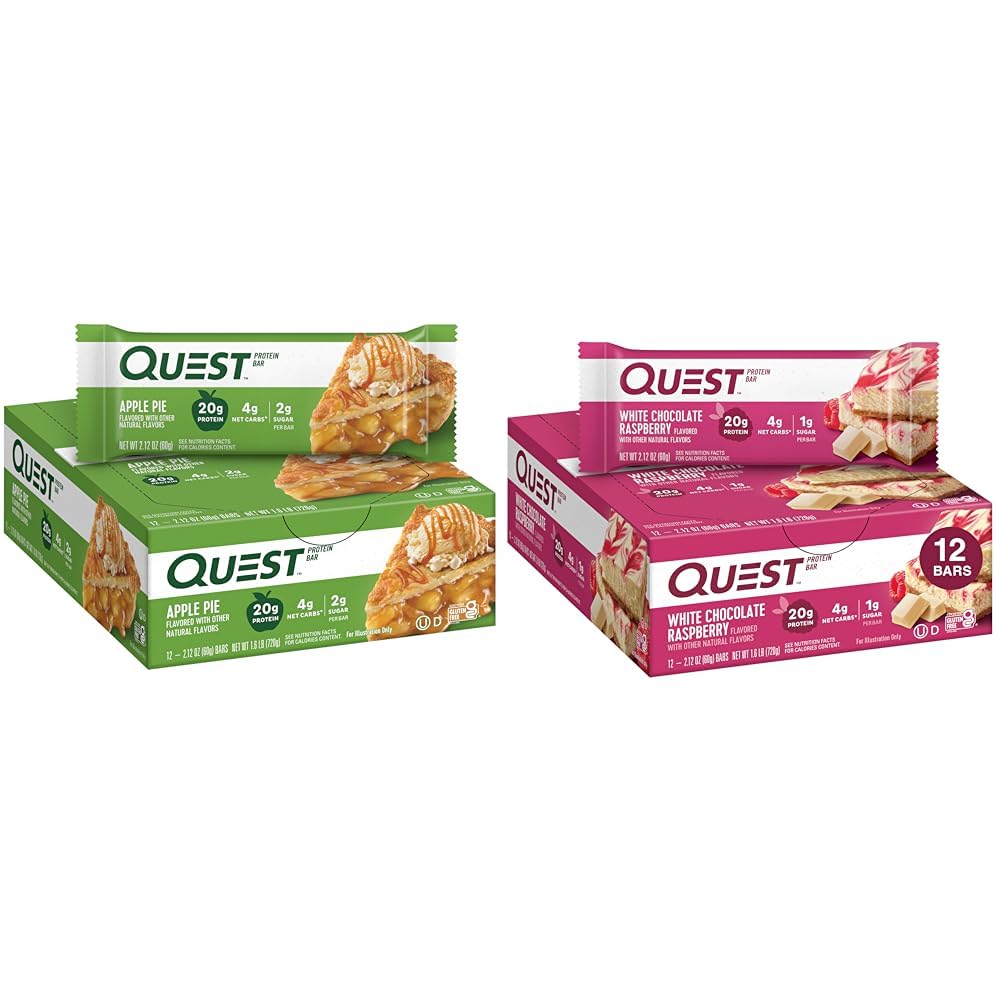 Quest Nutrition Apple Pie Protein Bar, 20g Protein, 4g Net Carbs, 2g Sugar, Gluten Free & White Chocolate Raspberry Protein Bars, High Protein, Low Carb, Gluten Free, Keto Friendly