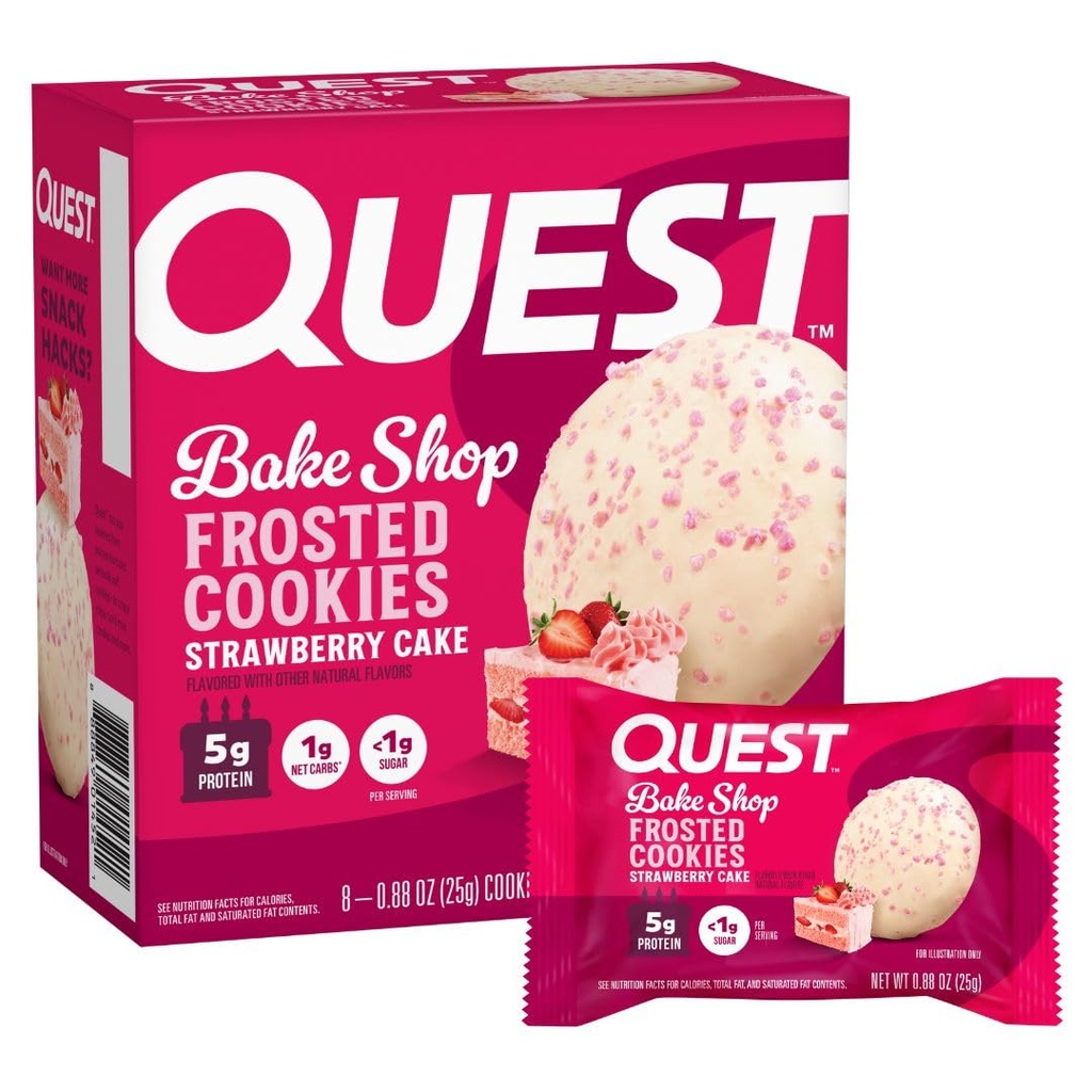 Quest Nutrition Frosted Protein Cookies, Strawberry Cake, <1g Sugar, 5g Protein, 1g Net Carbs, Gluten Free, 8 Cookies