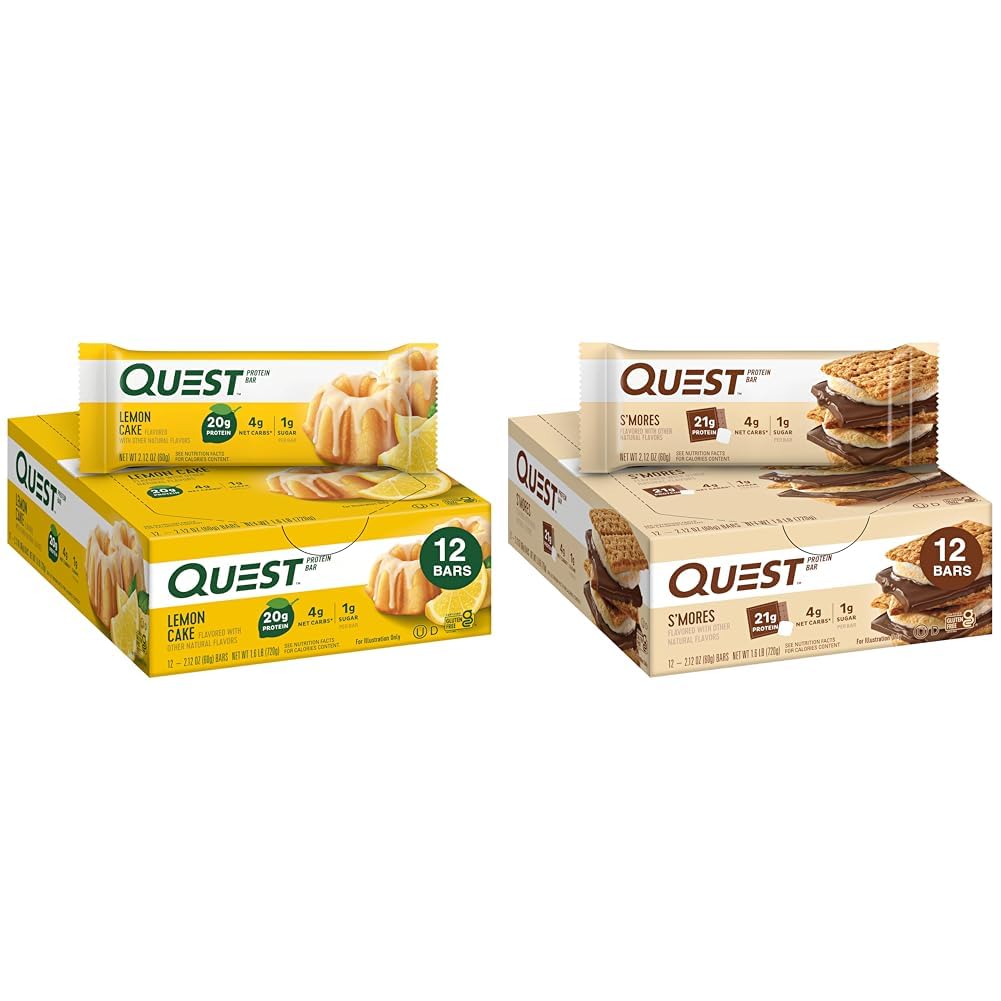 Quest Nutrition Lemon Cake Protein Bars, High Protein, Low Carb, Gluten Free, Keto Friendly, 12 Count (Pack of 1) & S'mores Protein Bar, High Protein, Low Carb, Gluten Free, Keto Friendly, 12 Count