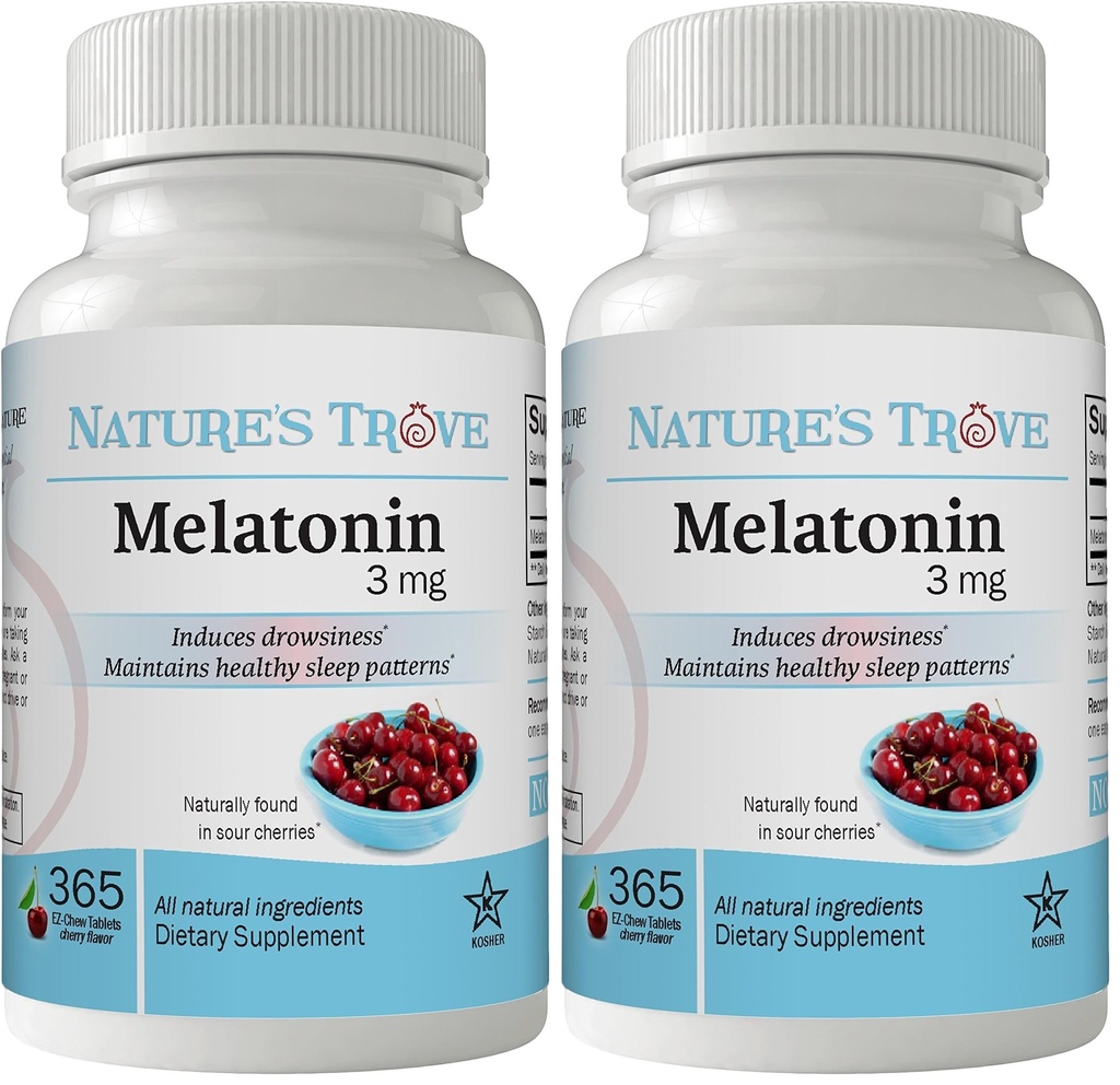Nature's Trove Melatonin 3mg Chewable, 365 Chewable Melatonin Cherry Flavor Tablets (Pack of 2)