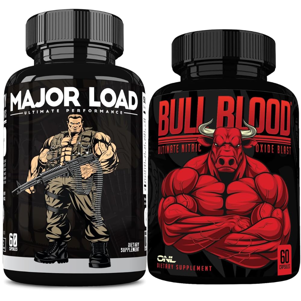 Major Load Testosterone Booster & Bull Blood Nitric Oxide Booster Bundle – Pre-Workout Energy, Stamina & Strength Support for Men – with Tongkat Ali, Maca Root, L-Arginine & Tribulus (60 Ct Each)