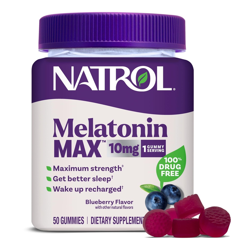 Natrol Melatonin 10mg Sleep Aid Supplement, 50 Count MelatoninMax Gummies, Blueberry Flavor, 10 mg Melatonin Gummies for Occasional Sleeplessness, 50 Day Supply