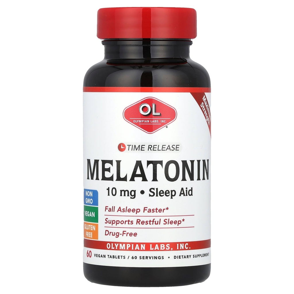 Olympian Labs Melatonin 10mg Time Release with Vitamin B6 - Δισκία μέγιστης αντοχής - Χωρίς φάρμακα, Υποστηρίζει Ξεκούραστο Ύπνο, Νυχτερινή Βοήθεια Ύπνου - 60 Vegan Tablets (60 Servings)
