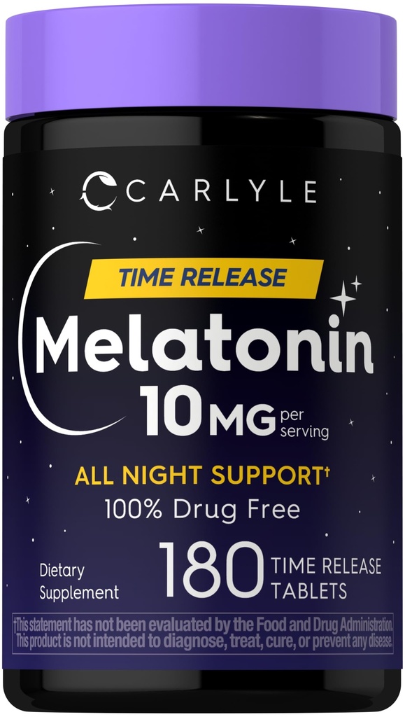 Carlyle Melatonin 10mg | 180 Time Release Tablets | All Night Support | with Vitamin B6 | 100% Drug Free Supplement | Vegan, Non-GMO, Gluten Free