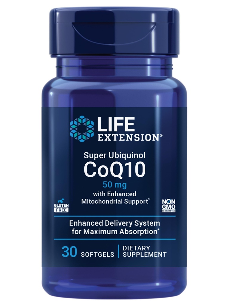 Επέκταση ζωής Super Ubiquinol CoQ10 με ενισχυμένη μιτοχονδριακή υποστήριξη, συμπλήρωμα υγείας καρδιάς, μέγιστη απορρόφηση, 50 mg, μη ΓΤΟ, χωρίς γλουτένη, 30 softgels