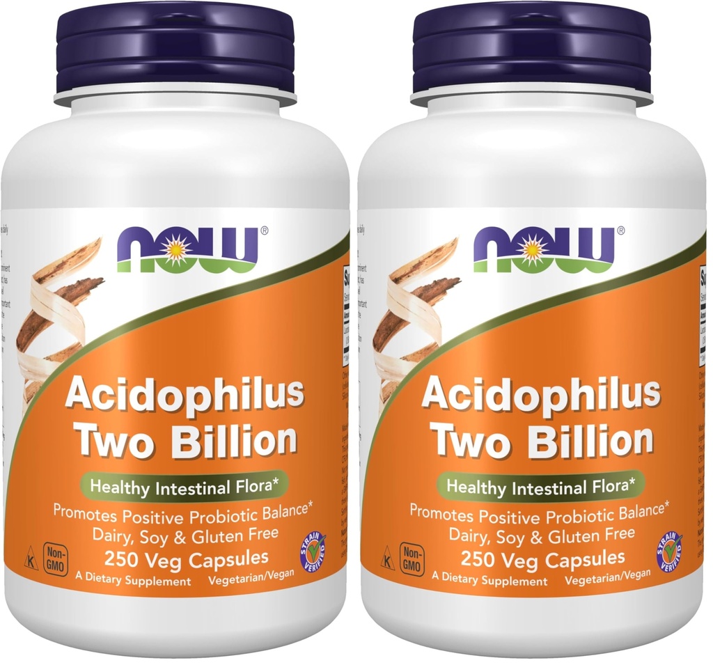 NOW Foods Supplements,Acidophilus,Two Billion,Strain Verified,Healthy Intestinal Flora*,250 Veg Capsules,(Pack of 2)