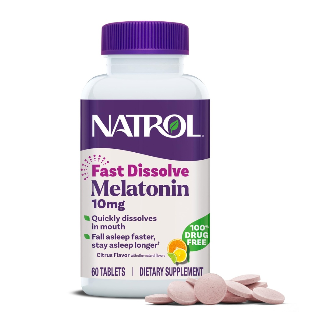 Natrol Fast Dissolve Melatonin 10 mg, Συμπληρώματα μελατονίνης για τον Ξεκούραστο Ύπνο, Υποστήριξη ύπνου για Ενήλικες, 60 Citrus-Flavored Tablets, Μέχρι 60 ημέρες προσφοράς