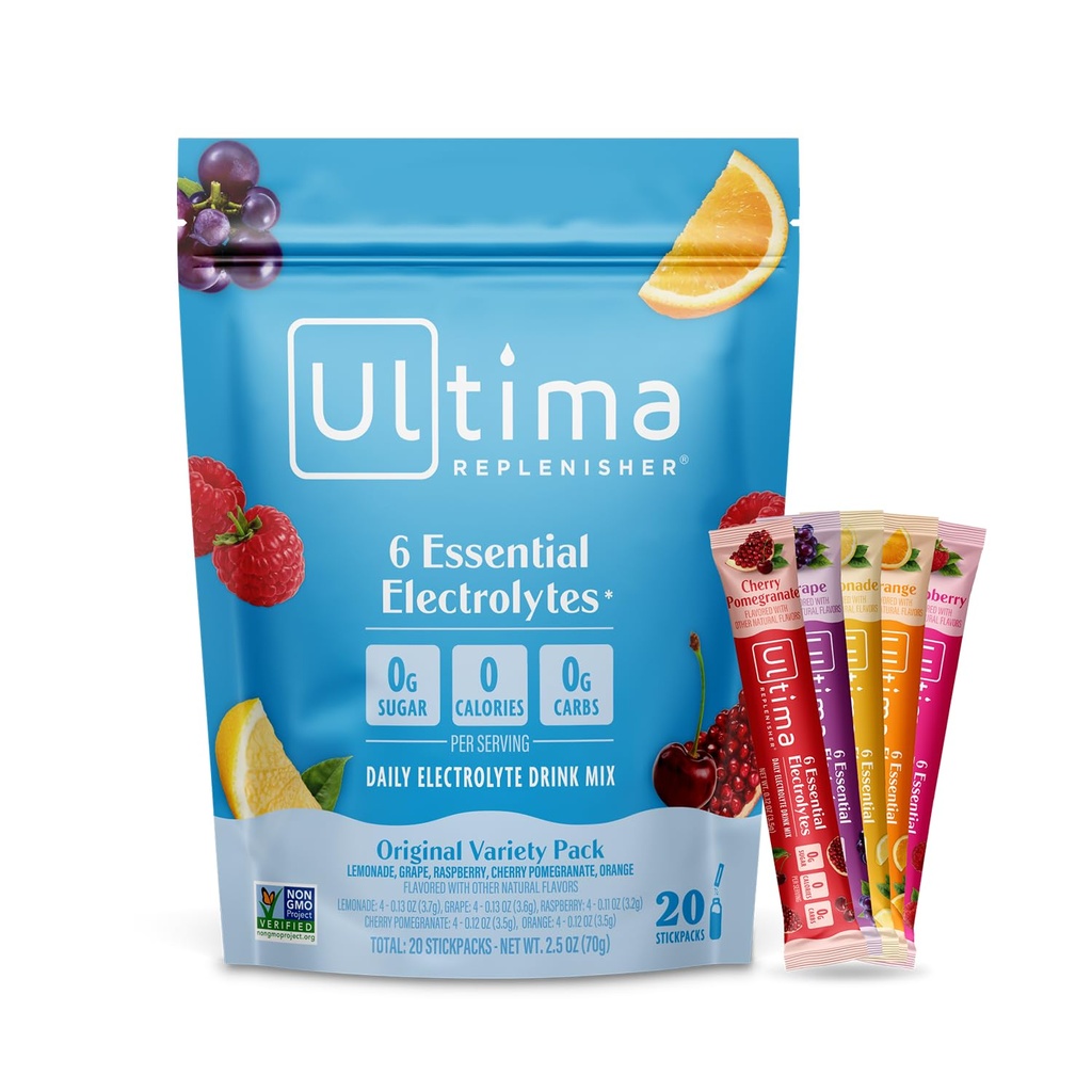 Ultima Replenisher Daily Electrolyte Powder – Original Variety Pack, 20 Stickpacks – Zero Sugar Hydration Packets with 6 Electrolytes and Minerals – Sugar Free, Plant Based & Keto Friendly​ Drink Mix