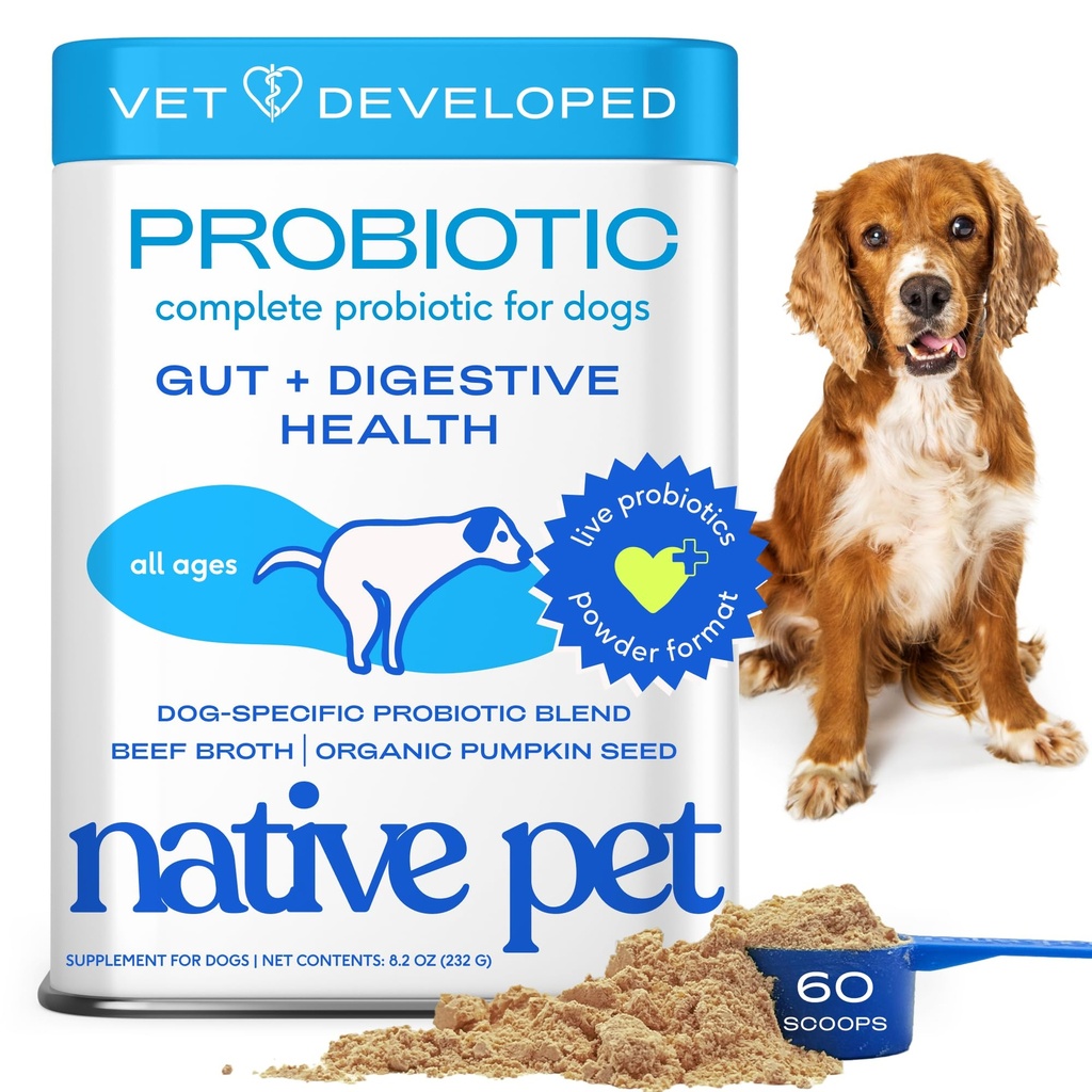 Native Pet Probiotics for Dogs – Dog Probiotic Powder for Gut & Digestive Health, Vet-Formulated 6B CFUs Dog-Specific Probiotic Strains, Supports Stool Quality & Diet Transitions – 60 Scoops