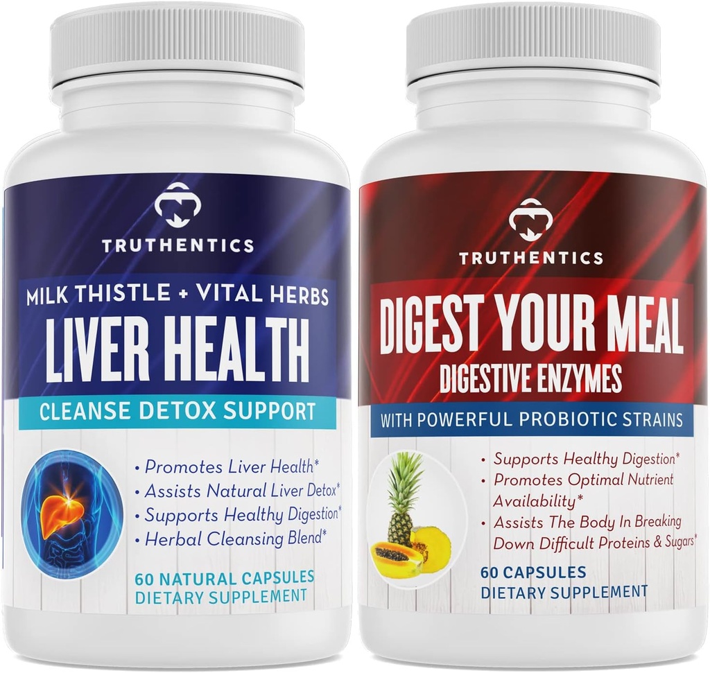 TRUTHENTICS Liver Health and Digestive Enzymes Bundle - Υποστήριξη για τον καθαρισμό του ήπατος Detox, Digestion, Απορρόφηση θρεπτικών ουσιών, Περιστασιακό αέριο και Bloating - Χωρίς γλουτένη, Μη ΓΤΟ