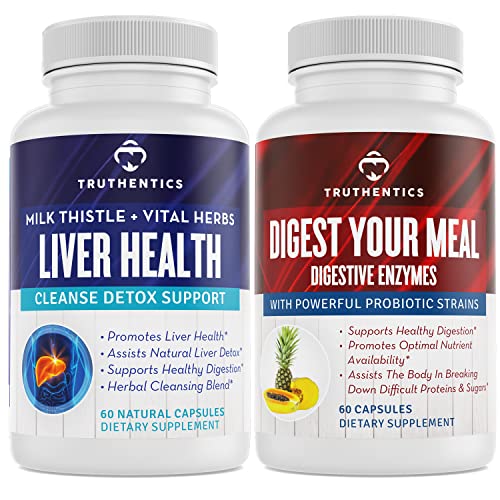 TRUTHENTICS Liver Health and Digestive Enzymes Bundle - Υποστήριξη για τον καθαρισμό του ήπατος Detox, Digestion, Απορρόφηση θρεπτικών ουσιών, Περιστασιακό αέριο και Bloating - Χωρίς γλουτένη, Μη ΓΤΟ