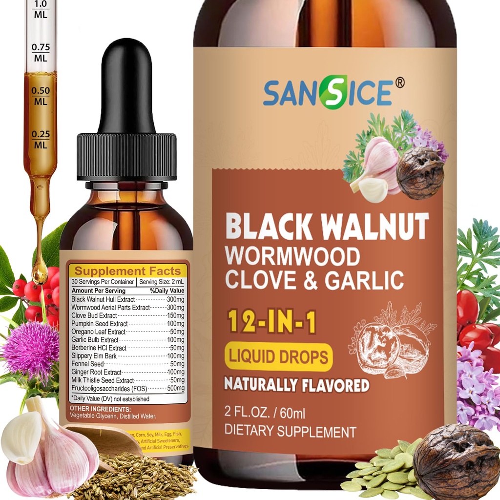 Wormwood Black Walnut Clove Cleanse for Humans, Black Walnut Tincture Wormwood Clove For Gut Health, Intestinal Support Supplement with Pumpkin Seed, Garlic-Gut Cleanse Detox and Digestive Health-2 Fl