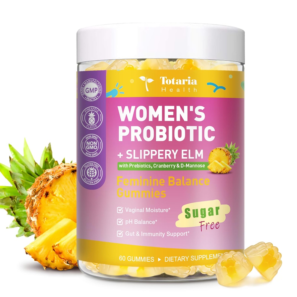 Totaria Sugar Free Probiotics for Women, Feminine Balance Gummies, 50 Billion CFU Vaginal Probiotic w/Slippery Elm, Cranberry, D-Mannose, for Vaginal, Urinary Tract, Immune, Gut, Hawaiian Pineapple