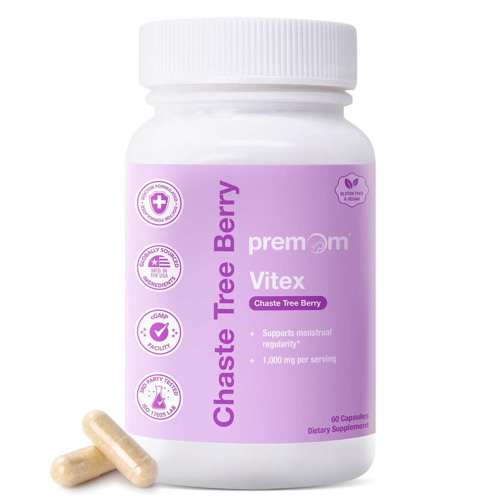 Premom Vitex, 1,000mg Per Serving, Vitex Chasteberry Supplement for Women, 2-in-1 with Fat Soluble Vitamin C, Hormone Balance, Fertility, Menstrual Cycle, & PMS Support*, Vegan, 60 Veggie Capsules