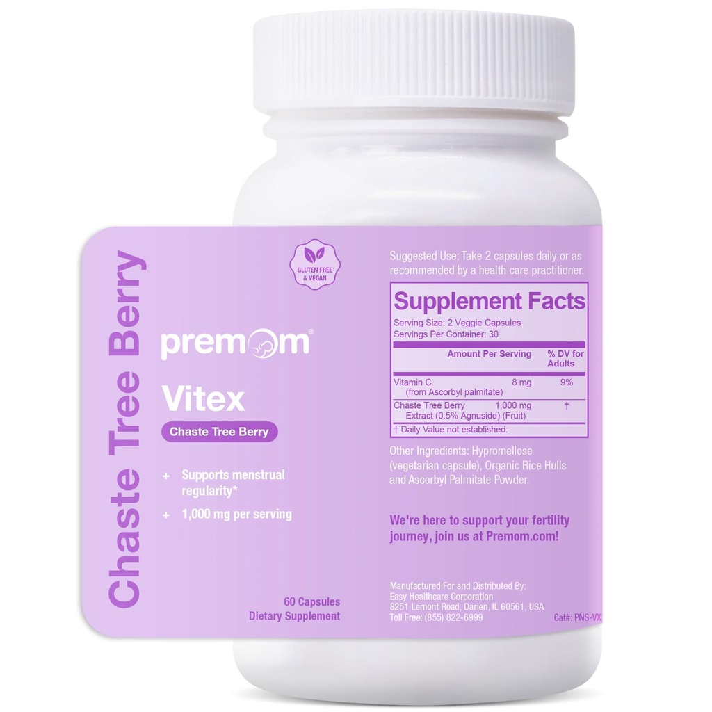 Premom Vitex, 1,000mg Per Serving, Vitex Chasteberry Supplement for Women, 2-in-1 with Fat Soluble Vitamin C, Hormone Balance, Fertility, Menstrual Cycle, & PMS Support*, Vegan, 60 Veggie Capsules