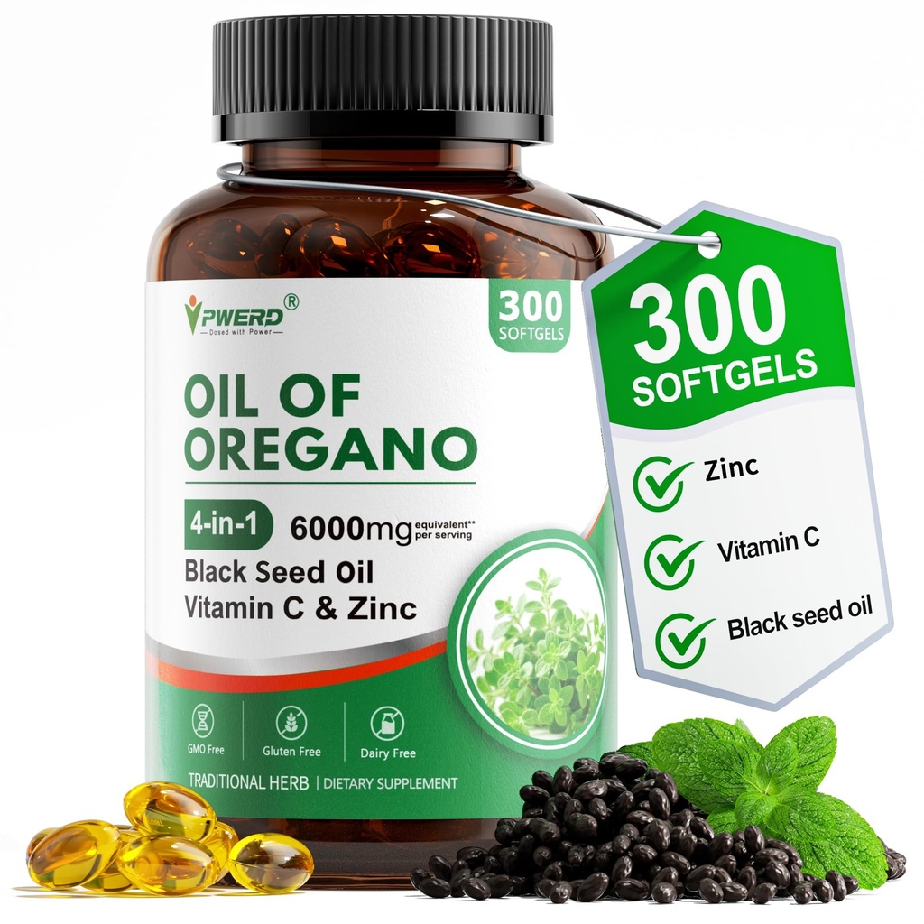 Oil of Oregano with Black Seed Oil Softgels,4 in 1 Organic Oregano Oil Capsules for Immune & Digestive Support – Non-GMO, Gluten-Free Softgels – Natural Herbal Wellness Supplement (300 Count)