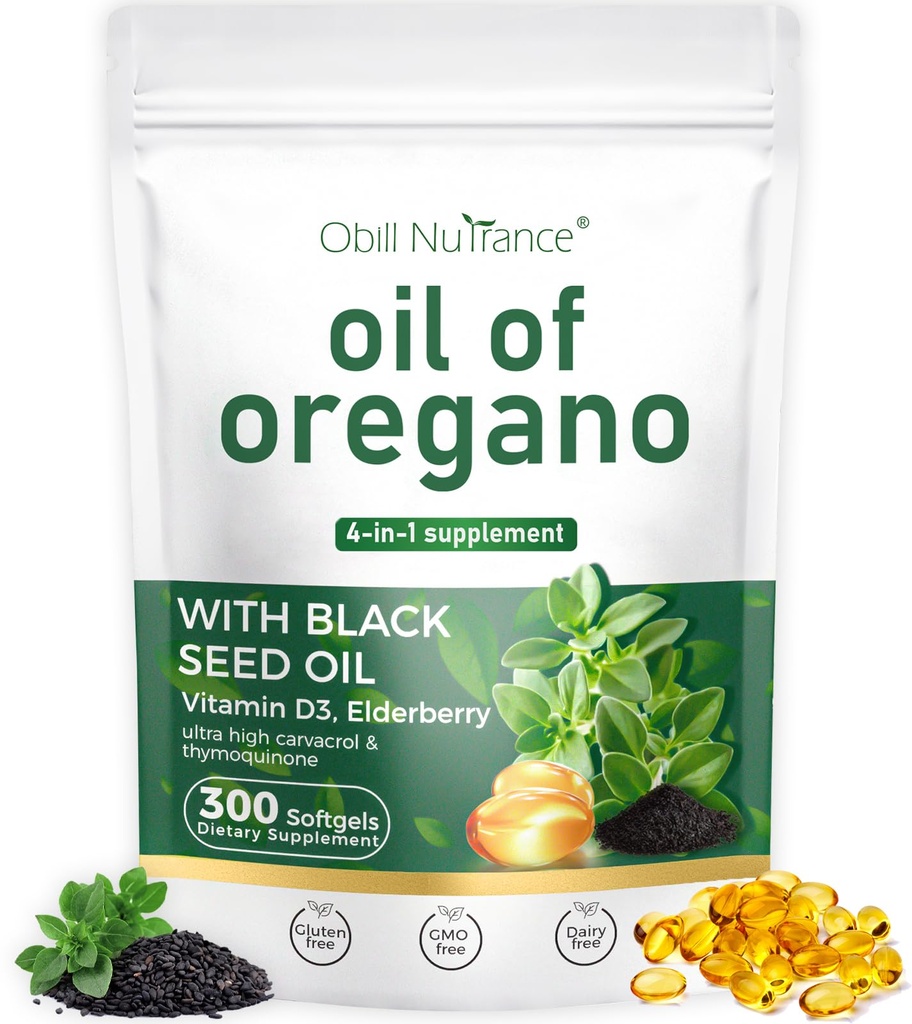 Oil of Oregano Softgels,300 Count, 4-in-1 Oil of Oregano with Black Seed Oil, Vitamin D3 & Elderberry for Immune & Digestive Health, Oregano Oil Capsules Organic, High Carvacrol & Thymoquinone,Non-GMO