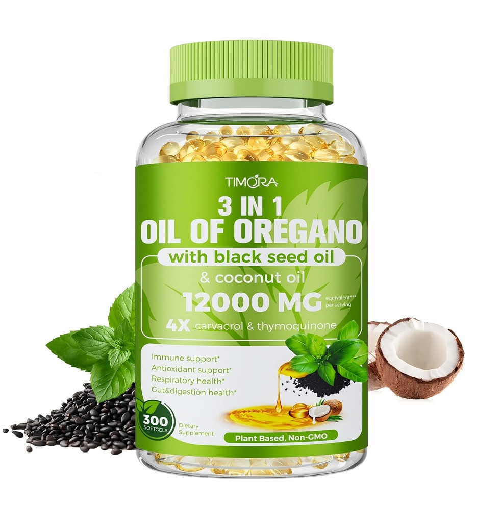 TIMORA 40:1 Oil of Oregano Softgels with Black Seed & Coconut Oil, 300 Count | 3-in-1 Formula for Digestive & Immune Support | Small, Easy-to-Swallow Capsules | Plant-Based, Non-GMO