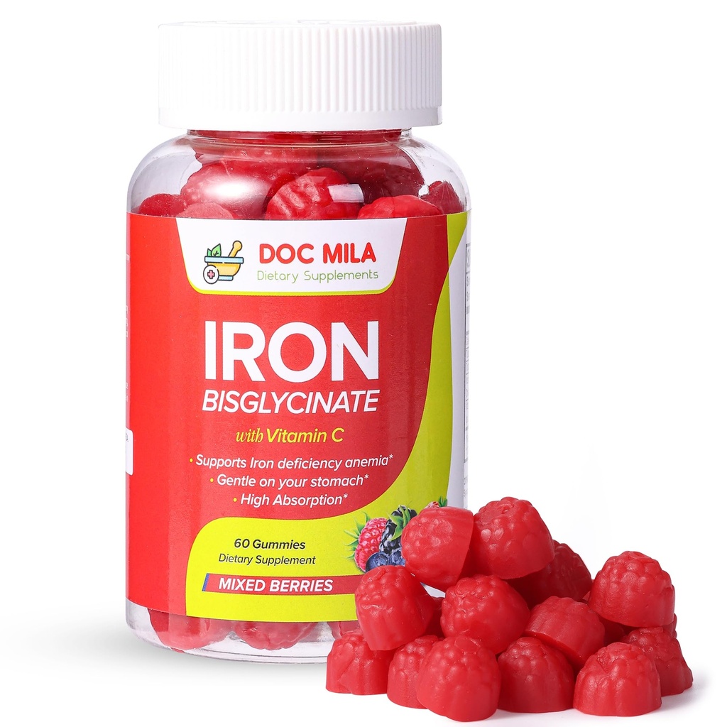 Iron Supplement for Kids and Adults - Iron Bisglycinate Gummies 25mg with Liposomal VIT C - Chelated Iron Supplement for Women and Men - 60 Gummies, 1 Month Supply