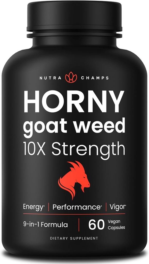 NutraChamps Horny Goat Weed, 1000mg Epimedium Energy Supplement, 10X Δύναμη Ικαρίνη, Ginseng, Tribulus & Maca Χάπια για γυναίκες & άνδρες, Ενισχυμένη Απορρόφηση με Μαύρο Πιπέρι, 60 Vegan Κάψουλες