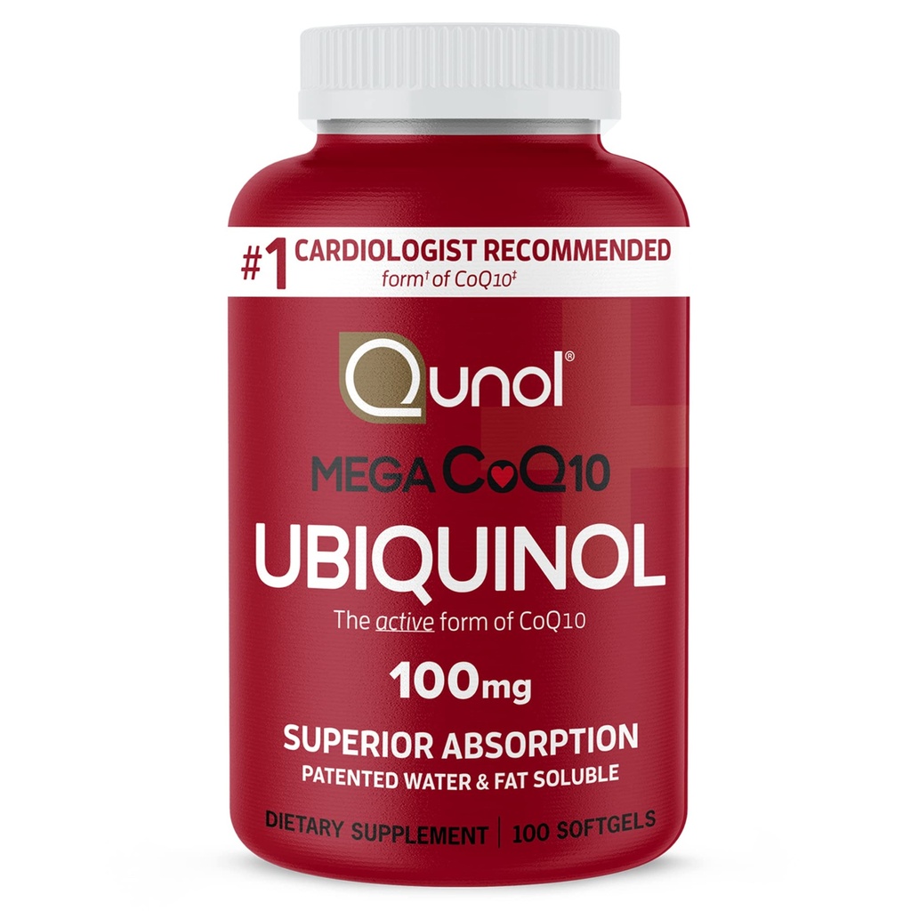 Qunol Mega Ubiquinol 100mg CoQ10, ανώτερη απορρόφηση, πατενταρισμένο νερό και λίπος Διαλυτό φυσικό συμπλήρωμα Form of Coenzyme Q10, Antioxidant for Heart Health, 100 Count Softgels.