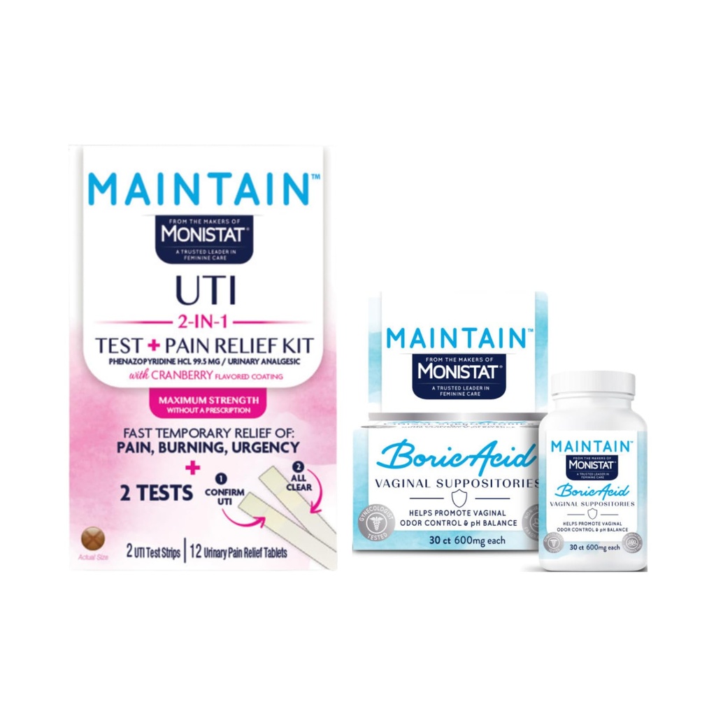 Monistat Feminine Care Variety Pack, UTI Test and Pain Relief Kit, Boric Acid Suppositories and Moisturizer, Feminine Health Support, 2 Test Strips, 12 Tablets and 30 Count (Variety Pack)