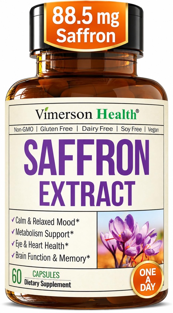 Pure Saffron Extract 88.5mg for Mood Support and Eye Health – Third Party Tested (Azafran) Saffron Supplements for Women & Men – Vegan + Non-GMO – 60 Capsules – 2 Months Supply