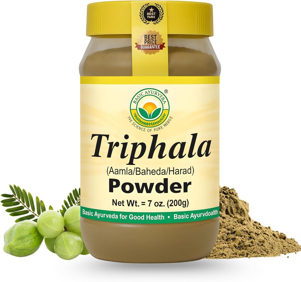BASIC AYURVEDA Triphala Powder 7.05 Oz (200g) | 100% Natural Ayurvedic Blend of Amla, Haritaki & Bibhitaki | Supports Digestive Health, Detox & Wellness | No Additives | Vegan & Gluten-Free