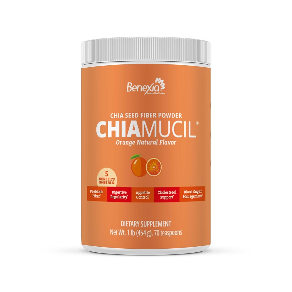 Chiamucil Prebiotic Fiber Supplement Powder – Chia Fiber & Chicory Root (Inulin) for Digestive Health & Appetite Control – Χωρίς γλουτένη & ζάχαρη, Vegan, Non-GMO, Orange - 35 Σερβιέτες
