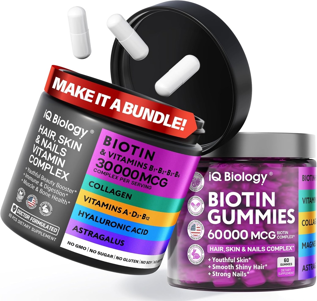 Biotin Hair Growth Bundle - Βιταμίνες βιοτίνης & κάψουλες κερατίνης + Gummies μαλλιών με κολλαγόνο & Astragalus - Δέρμα μαλλιών νύχια Βιταμίνες για γυναίκες & άνδρες 