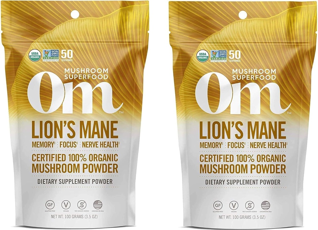 Om οργανική σκόνη μανιταριών Superfood, Lions Mane, 3,5 ουγγιά (50 μερίδες) (Тwo Рack)