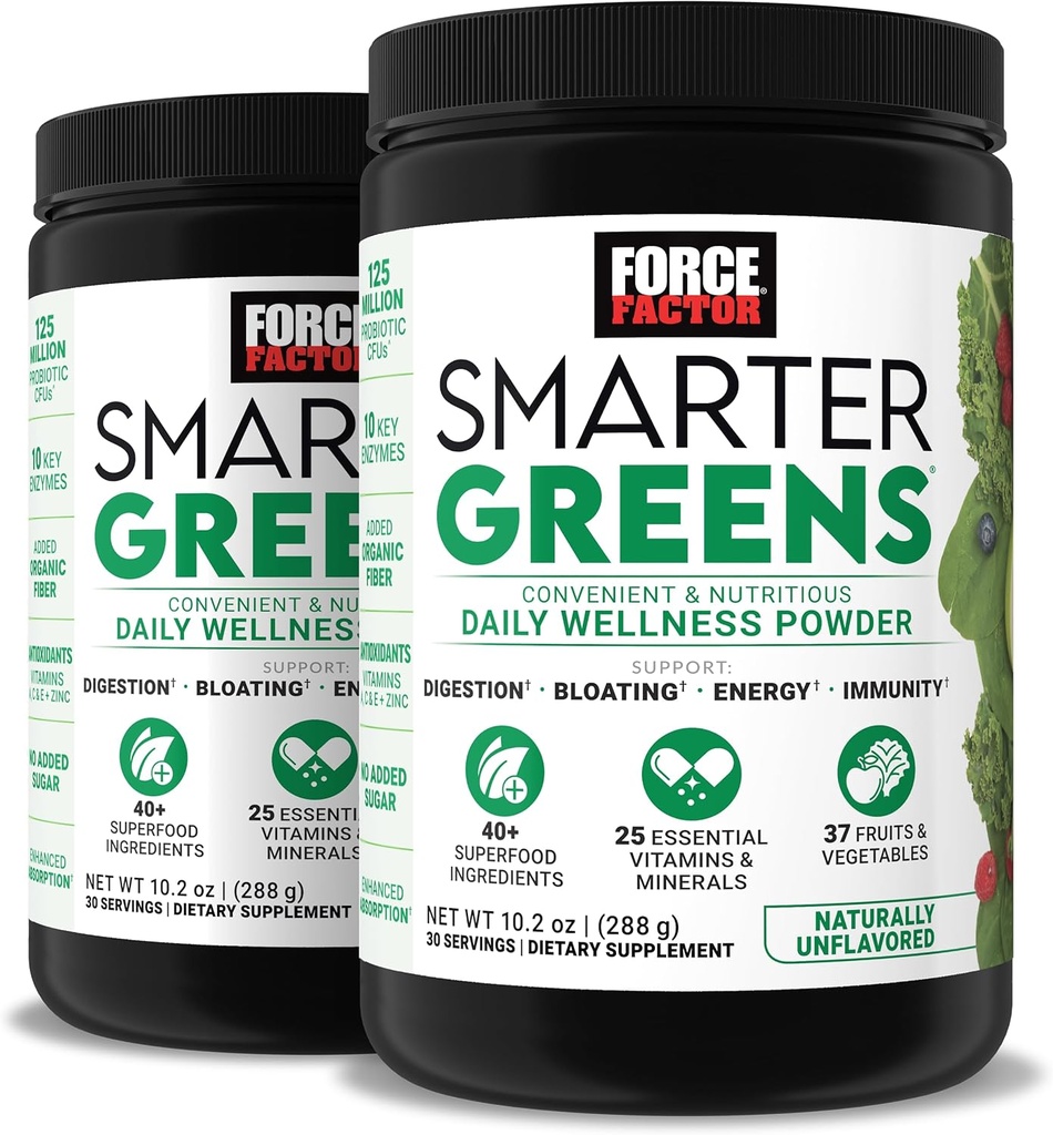 Force Factor Smarter Greens Daily Wellness Powder 2-Pack to Support Energy, Immunity & Digestion, Superfood Greens Powder with Vitamins, Minerals & Probiotics, Unflavored, 60 Servings