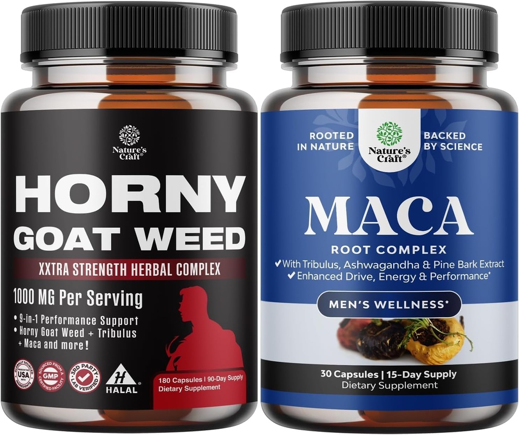 Bundle of Horny Goat Weed with Black Maca Root, Tongkat Ali, Saw Palmetto & Panax Ginseng Extract for Stamina & Energy and Black Maca Root with Siberian Ginseng Ashwagandha - Συμπλήρωμα ευεξίας ανδρών