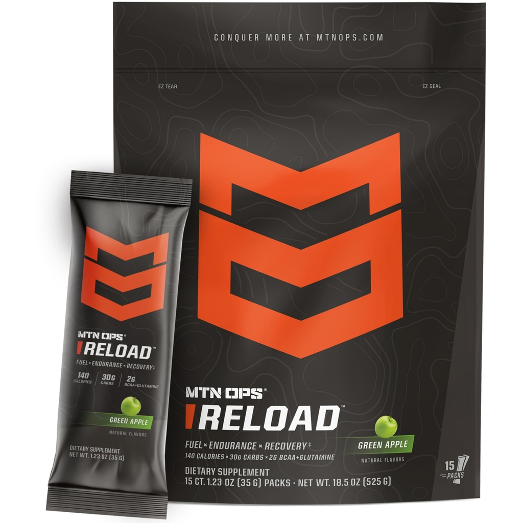 MTN OPS Reload Ready-to-Mix Carb Mix, 30g Fast-Digesting Carbohydrates, MCT Oil Powder & BCAAs, Energy & Endurance, Single-Serve Stick Packs, 15 Servings, Green Apple