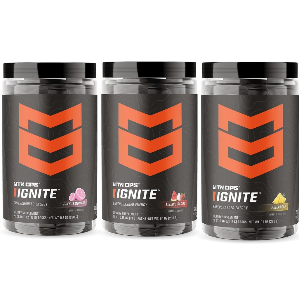MTN OPS Ignite Trail Packs Variety Bundle – Tiger’s Blood, Pink Lemonade & Pineapple Crush – Energy & Focus Drink Mix Packets – On-The-Go Pre Workout Powder