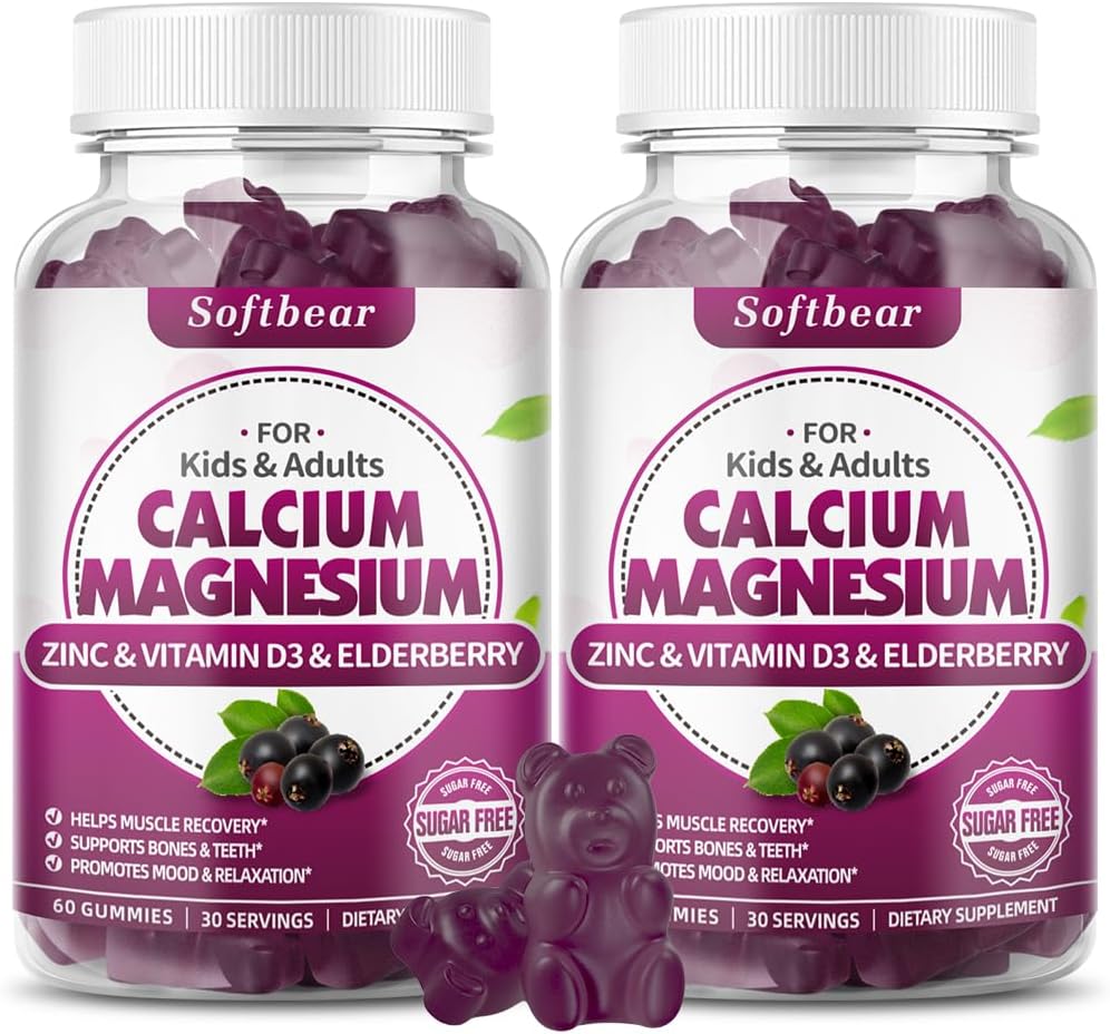 softbear Calcium Magnesium Zinc Gummies for Adult & Kids, Suagr-Free Calcium Magnesium Zinc Vitamin D3 Supplement for Bone Strength & Immune Health, Elderberry Flavor 120 Count