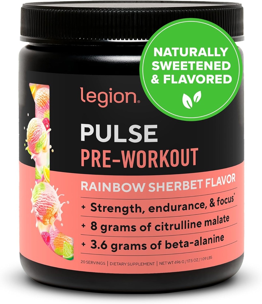 LEGION Pulse Pre workout - Όλα τα φυσικά Nitric Oxide Preworkout ποτό για την ενίσχυση της ενέργειας, Createine Δωρεάν, φυσικά γλυκά, Beta Alanine, Citrulline, Alpha GPC (Ουράνιο τόξο Sherbet)