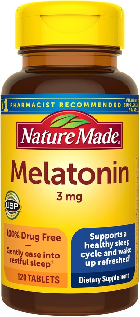 Nature Made Melatonin 3mg Sleep Aids for Adults, 100% Drug Free Sleep Aid, Συμπληρώματα Ύπνου, 120 Tablets, 120 Day Supply