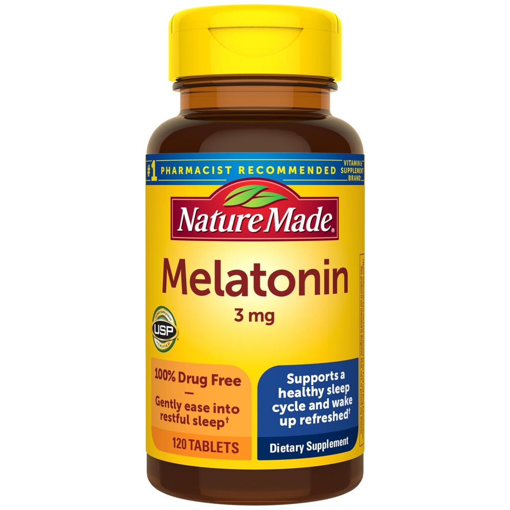 Nature Made Melatonin 3mg Sleep Aids for Adults, 100% Drug Free Sleep Aid, Συμπληρώματα Ύπνου, 120 Tablets, 120 Day Supply