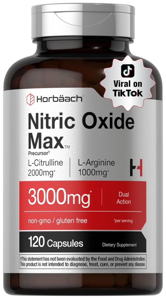 Horbäach Nitric Oxide Supplement | 3000mg | 120 Capsules | Pre Workout with L Arginine and L Citrulline for Men and Women | Non-GMO, Gluten Free Formula
