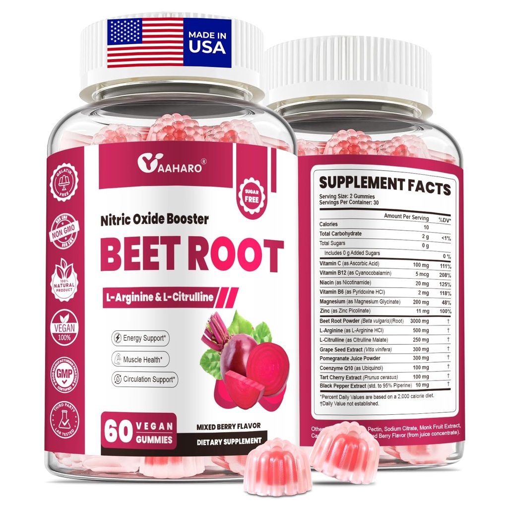 Μπιτ Ρουτ Gummies - Nitric Oxide Booster Συμπληρώματα για Άνδρες & Γυναίκες με Beetroot, L-Citrulline & L-Arginine - Καρδιά, Μύες & Κυκλοφορία Υποστήριξη - Χωρίς ζάχαρη, Vegan, Μικτή Γεύση Μπέρι, 60 Gummies