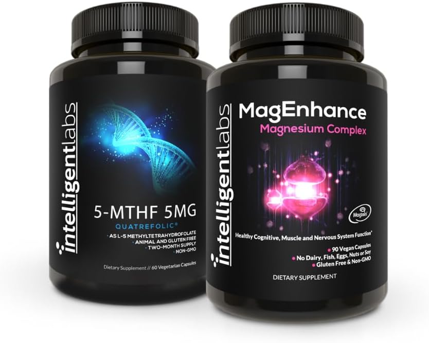 Intelligent Labs 2-σε-1 Bundle of MagEnhance Supplement (με Μαγνήσιο L-Θρεονικό, Γλυκινικό & Ταυρικό) και 5MG 5-MTHF Μεθυλοφολικό άλας ως Quatrefolic Acid® (MTHFR Supplement for Methylation Support)