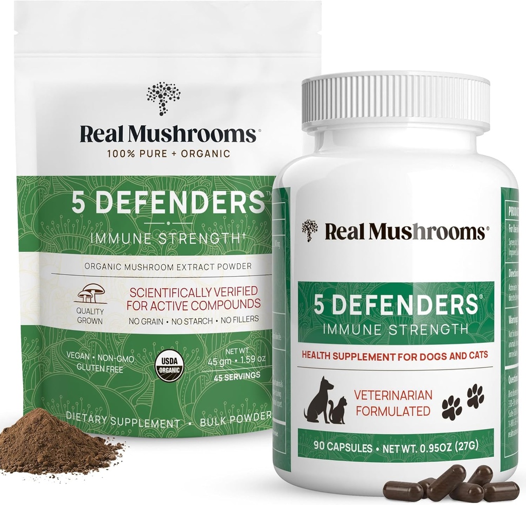 Real Mushrooms 5 Defenders for Humans (45g) & Pets (90ct) - Pouch & Capsles Bundle - Chaga, Shiitake, Maitake, Turkey Tail & Reishi Mushroom - για Ανοσολογική Δύναμη & Συνολική Ευζωία - Vegan, Non-GMO